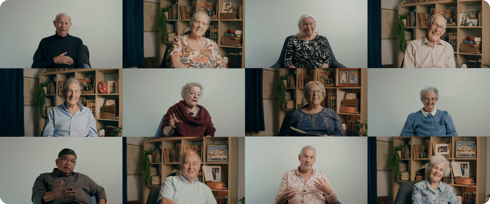 A grid of twelve people being interviewed in The Archive studio